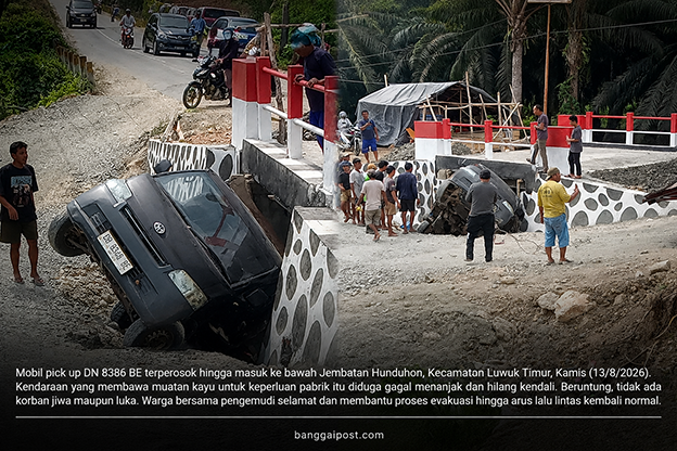 Gagal Menanjak, Mobil Pick Up Terperosok ke Bawah Jembatan Hunduhon